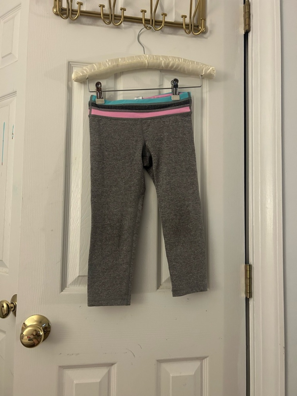 Girls' Grey Knit Leggings with Pink & Teal Waistband
